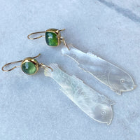 Apple Green Tourmaline and Antique Mother of Pearl Chinese Gaming Token Earrings